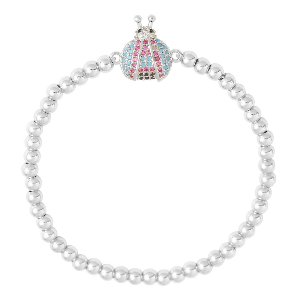 My Daily Styles Stainless Steel Beaded Stretch Bracelet with Crystal Ladybug Charm, Pink and Blue Rhinestones