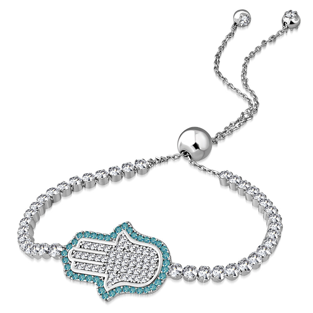925 Sterling Silver White Blue CZ Hamsa Hand Adjustable Chain Bracelet, 9"
