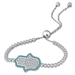 925 Sterling Silver White Blue CZ Hamsa Hand Adjustable Chain Bracelet, 9"