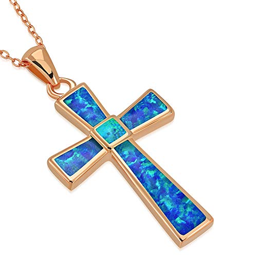 Sterling Silver Yellow Gold-Tone Simulated Blue Opal Religious Cross Pendant Necklace
