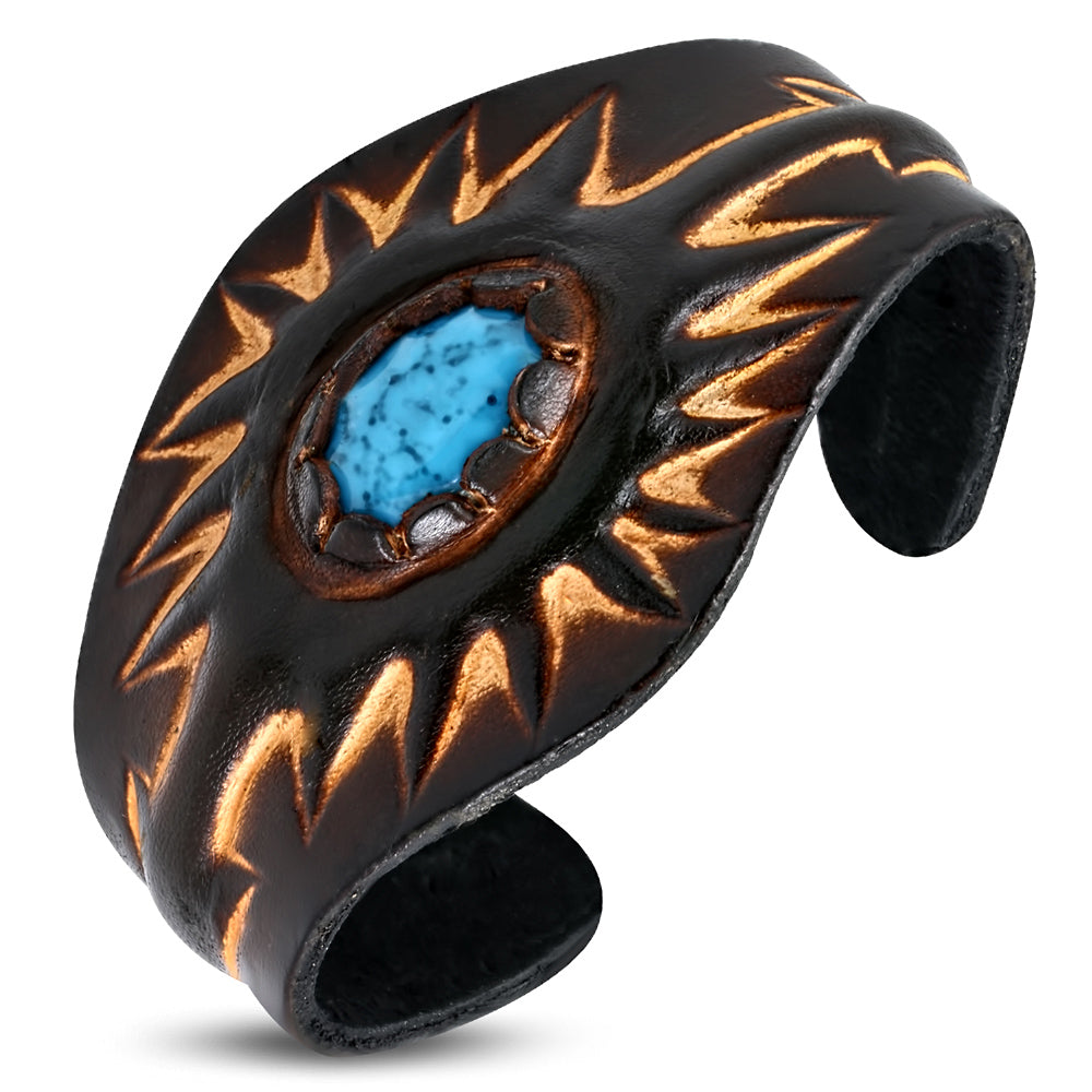 Brown Leather Simulated Turquoise Adjustable Bracelet