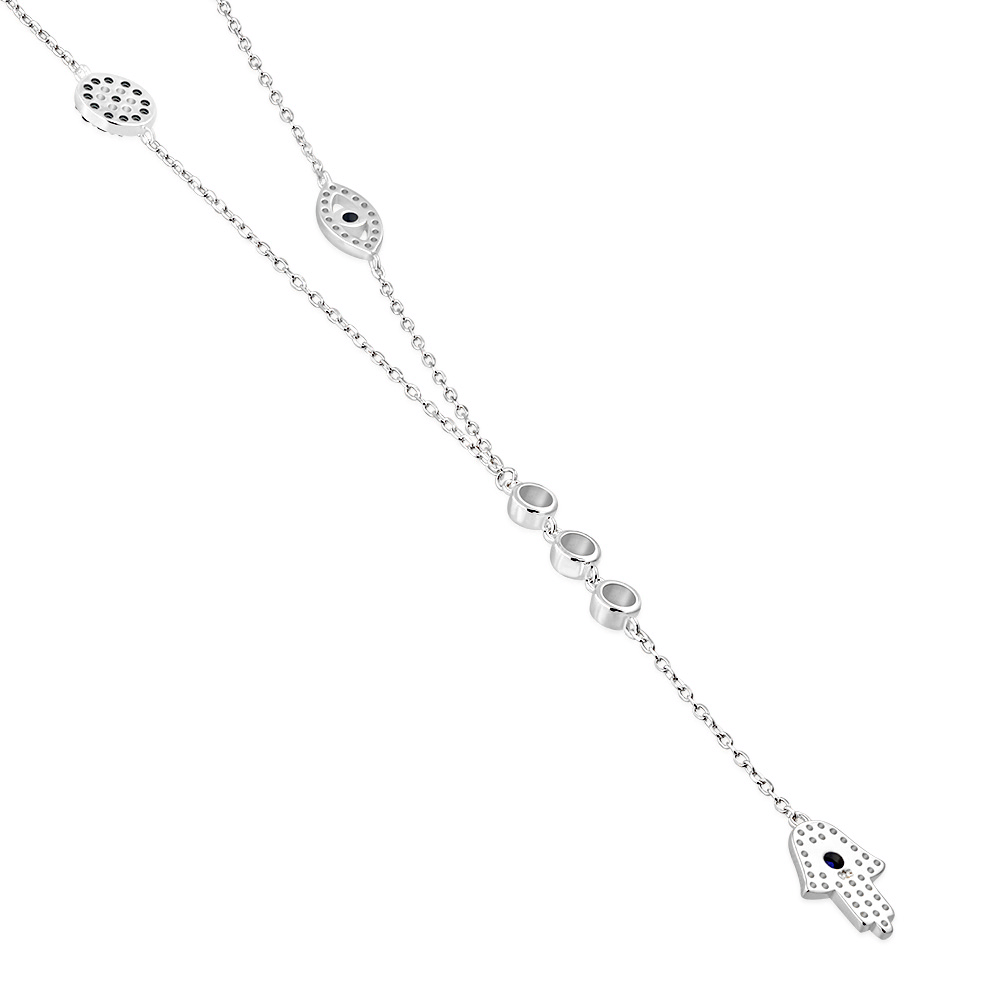 My Daily Styles 925 Sterling Silver CZ Y Necklace for Women with Hamsa, Evil Eye, and Bezel Set CZ Accents - Adjustable Chain 16"-18"