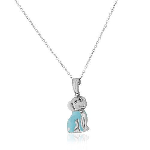 925 Sterling Silver 3D Blue White Enamel Dog Puppy Charm Pendant Necklace