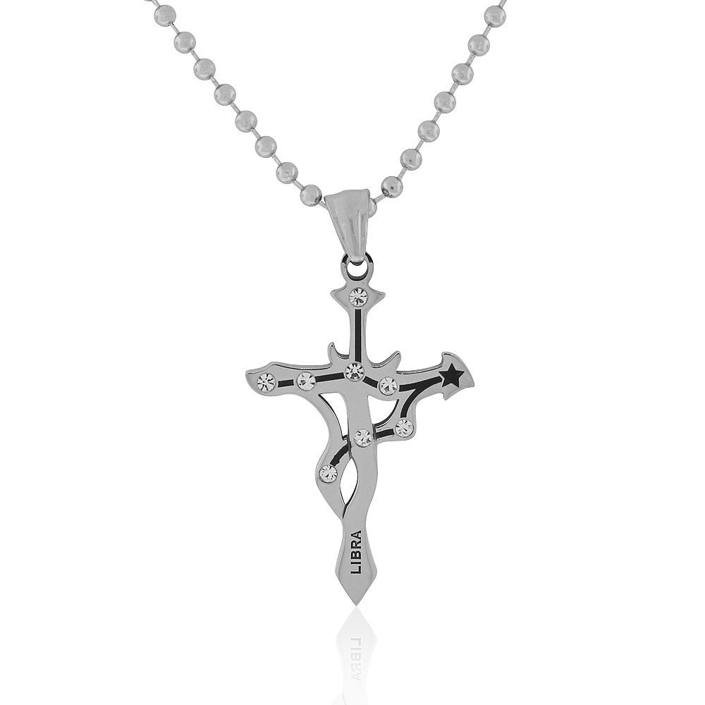 Stainless Steel Silver-Tone White CZ Zodiac Cross Pendant Necklace - Libra