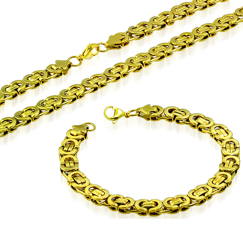 Stainless Steel Yellow Gold-Tone Necklace Bracelet Mens Jewelry Set