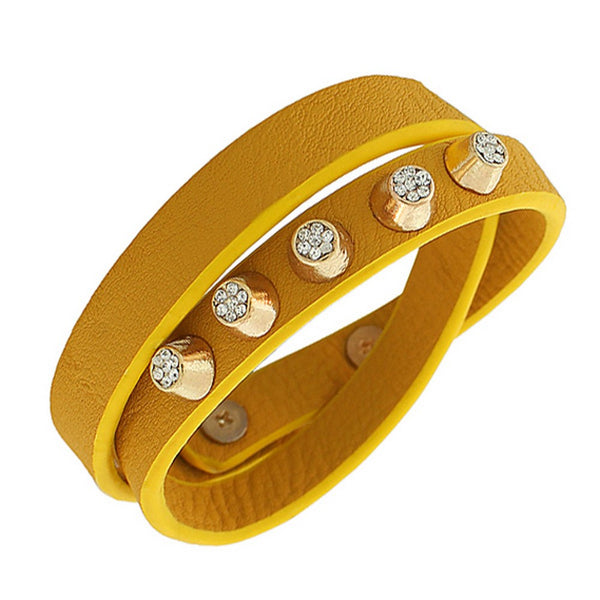 Faux Leather Gold-Tone White CZ Double Row Wristband Adjustable Womens Bracelet
