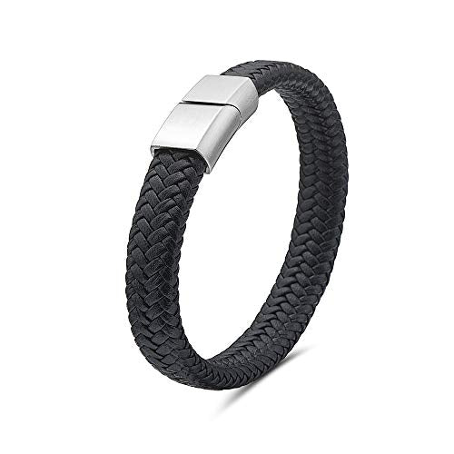 My Daily Styles Mens Black Genuine Leather Bracelet with Stainless Steel Magnetic Lock 8"