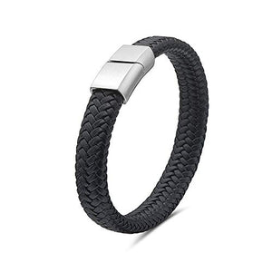 My Daily Styles Mens Black Genuine Leather Bracelet with Stainless Steel Magnetic Lock 8"