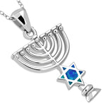925 Sterling Silver Blue Simulated Opal Jewish Star of David Menorah Pendant Necklace