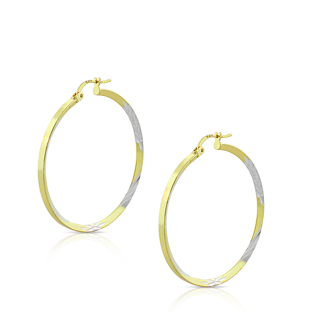 925 Sterling Silver Two-Tone Round Hoop Earrings, 1.75"