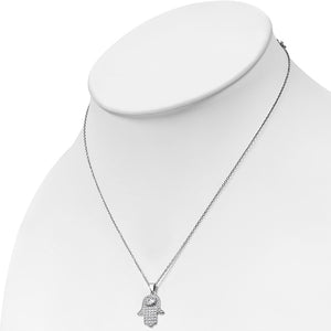 925 Sterling Silver White Clear CZ Hamsa Hand Good Luck Pendant Necklace