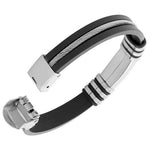 Stainless Steel Black Rubber Silicone Silver-Tone Twisted Cable Rope Mens Bracelet