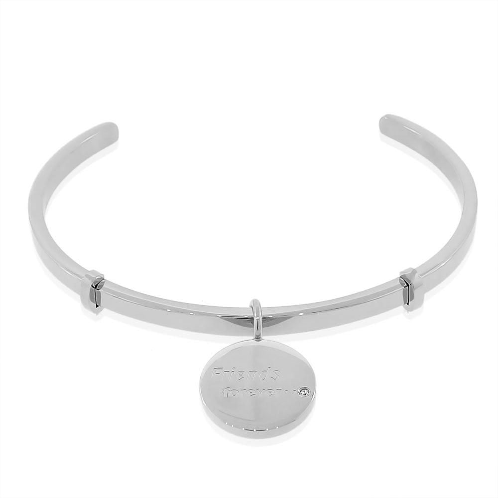 Stainless Steel Silver-Tone CZ Friends Forever Open End Bangle Bracelet