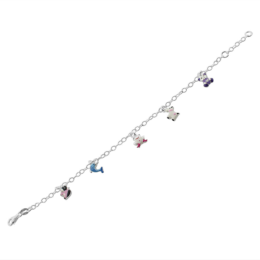 925 Sterling Silver Multicolor Enamel Animals Womens Girls Link Chain Bracelet