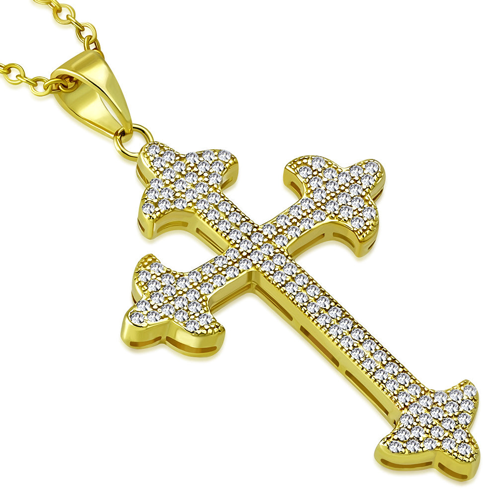 925 Sterling Silver Yellow Gold-Tone Clear CZ Religious Cross Pendant Necklace