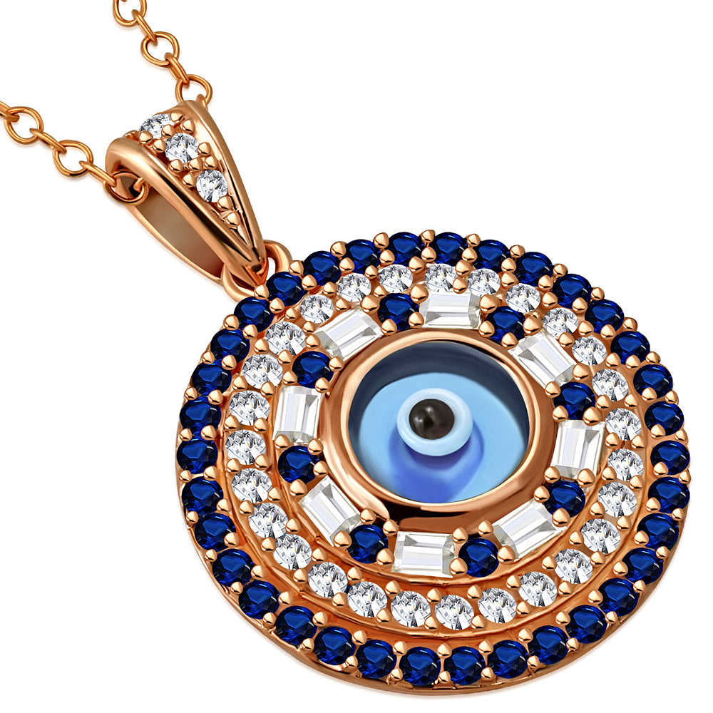 925 Sterling Silver White Blue CZ Evil Eye Protection Pendant Necklace