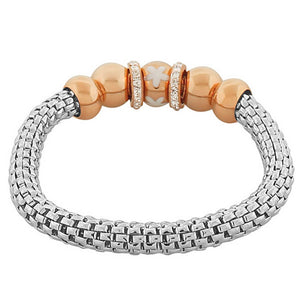 Stainless Steel Rose Gold-Tone Silver-Tone Flowers Floral Design White CZ Stretch Mesh Bracelet