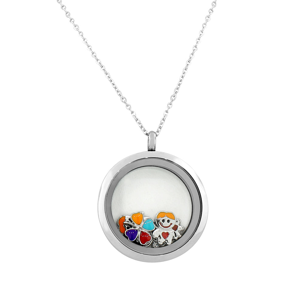 Stainless Steel Silver-Tone Floating Charms Kids Clover Glass Locket Pendant Necklace - Charms Included