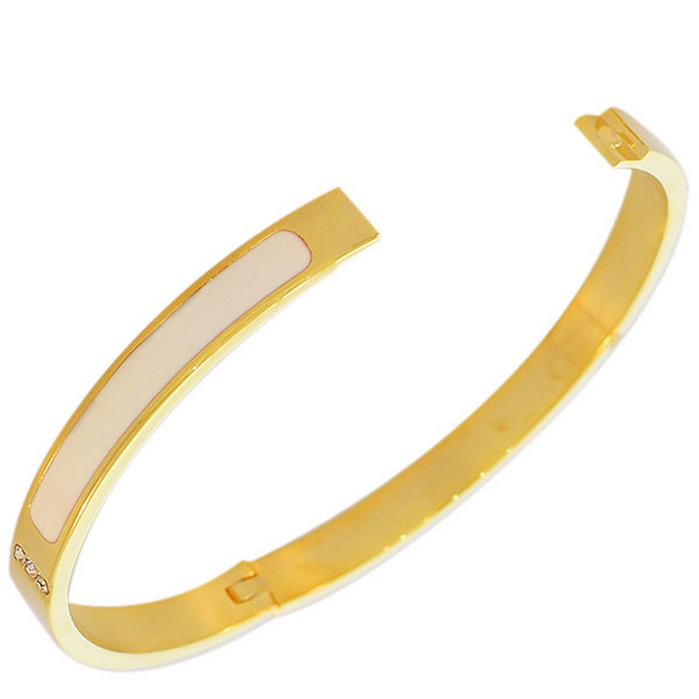 Stainless Steel Yellow Gold-Tone White Enamel White CZ Oval-Shape Bangle Bracelet