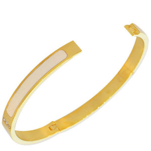 Stainless Steel Yellow Gold-Tone White Enamel White CZ Oval-Shape Bangle Bracelet