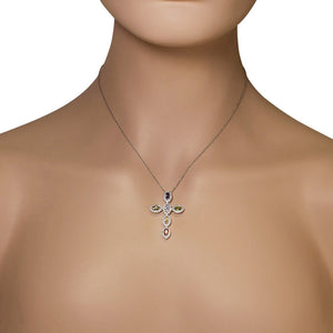 925 Sterling Silver Multicolor CZ Religious Cross Large Statement Pendant Necklace