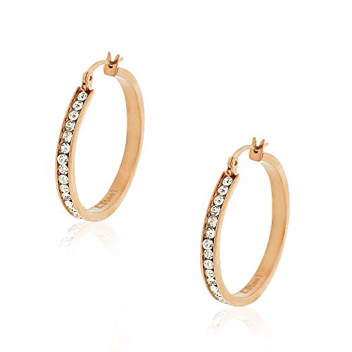 Stainless Steel Rose Gold-Tone White Clear CZ Classic Round Hoops Earrings