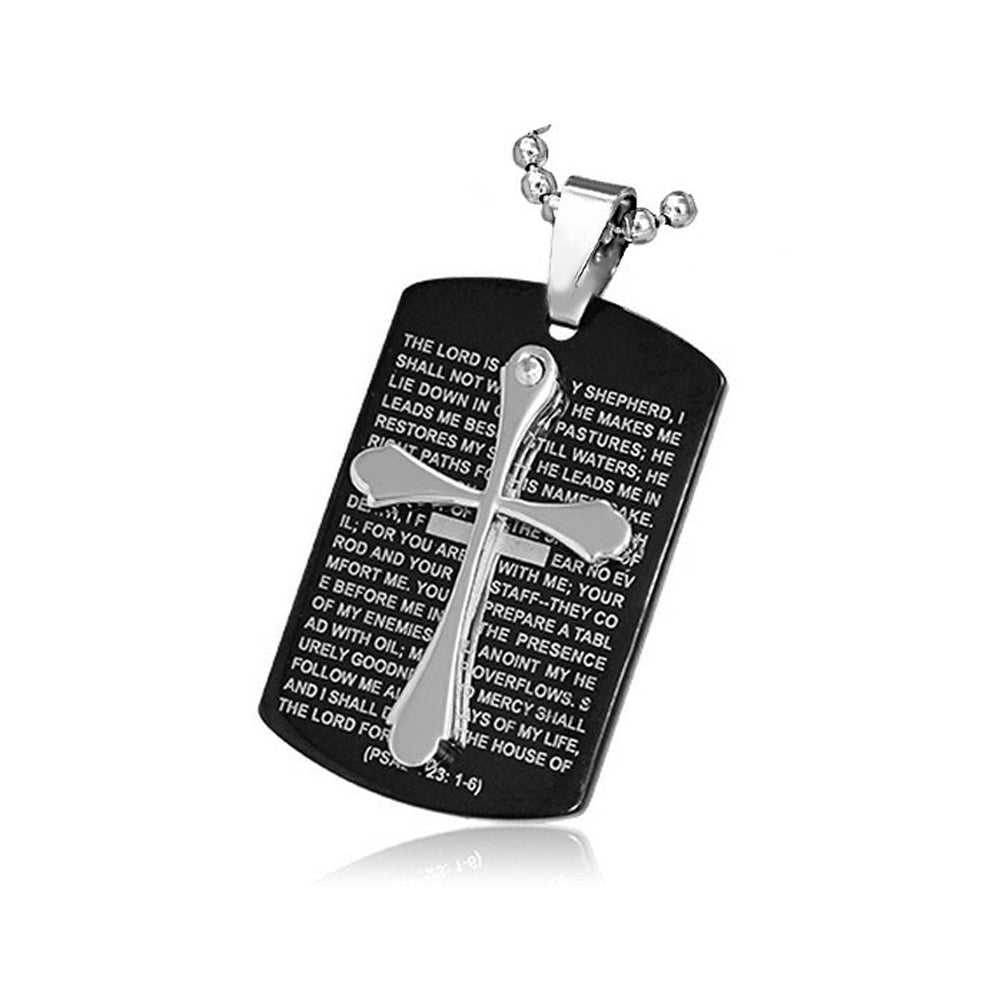 Stainless Steel Black Silver-Tone Cross Crucifix Prayer in English Pendant Necklace
