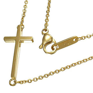 Stainless Steel Yellow Gold-Tone Sideways Horizontal Cross Pendant Necklace