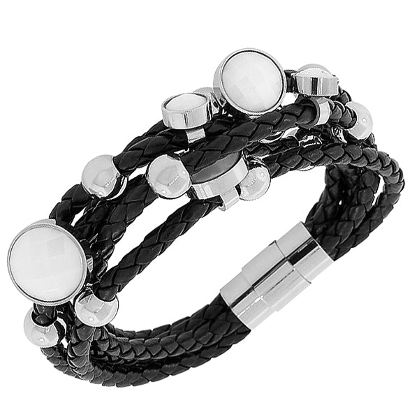 Fashion Alloy Black Faux PU Leather Silver-Tone Multi-Row Layer Bracelet
