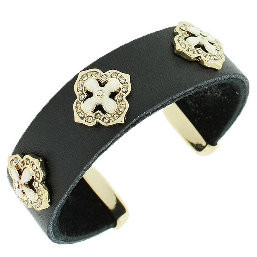 Fashion Alloy Black Leather Yellow Gold-Tone White CZ Open End Bracelet