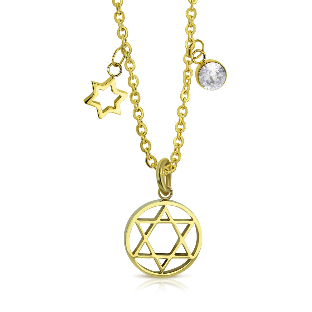 Stainless Steel Jewish Star of David White Clear CZ Pendant Necklace
