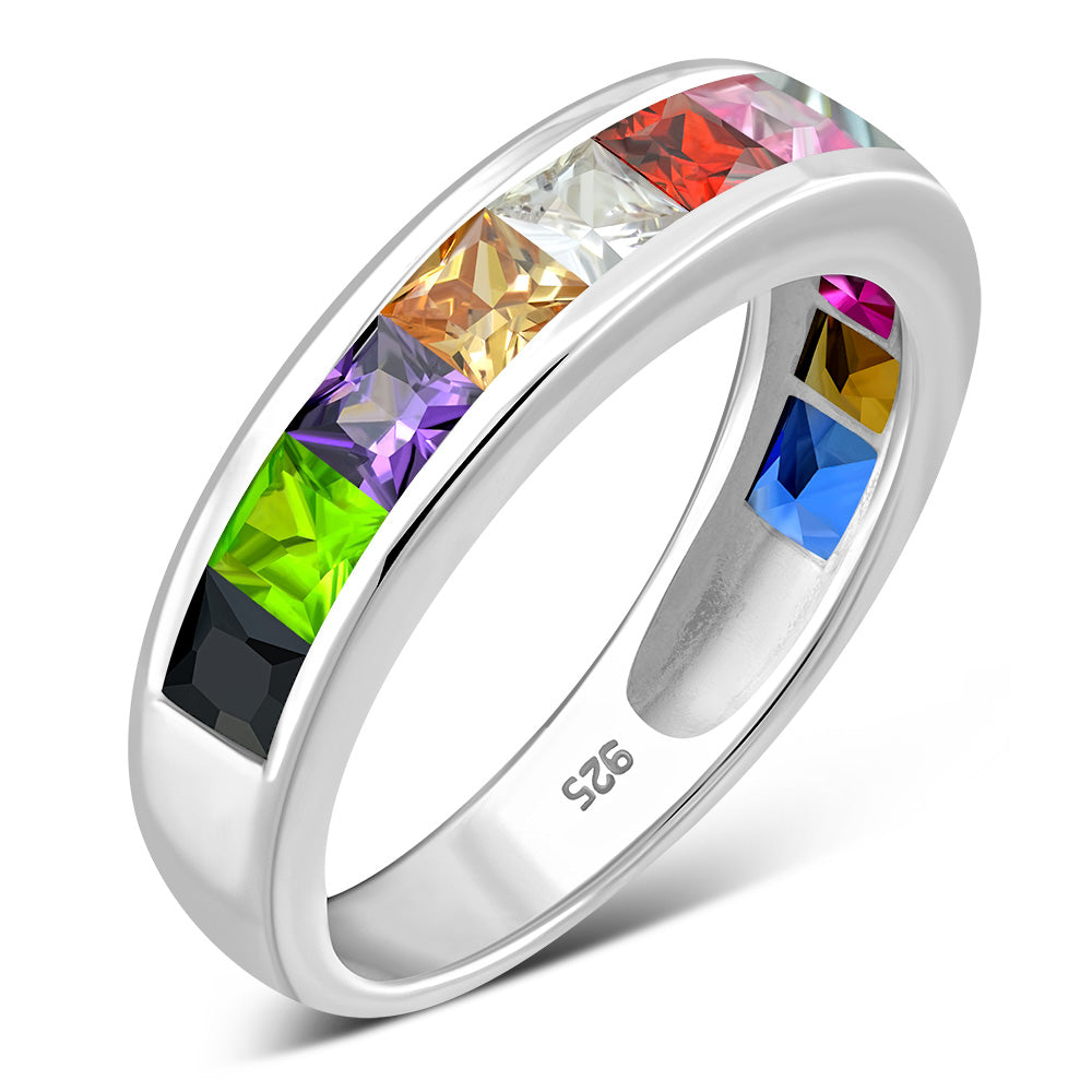 My Daily Styles 925 Sterling Silver Women's Ring Band with Multi-Color Rainbow Princess Cut CZ Stones
