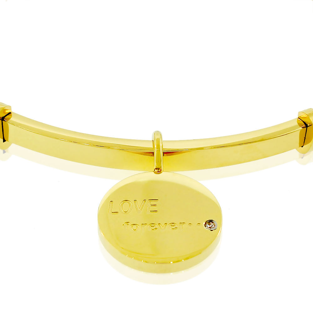 Stainless Steel Yellow Gold-Tone CZ Love Forever Open End Bangle Bracelet