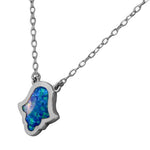 925 Sterling Silver Evil Eye Hamsa Blue Turquoise-Tone Simulated Opal Pendant Necklace