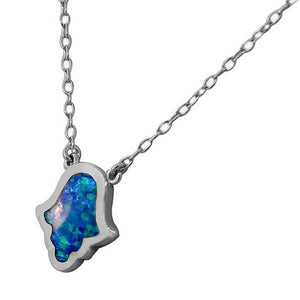 925 Sterling Silver Evil Eye Hamsa Blue Turquoise-Tone Simulated Opal Pendant Necklace