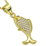 925 Sterling Silver White Clear Red CZ Marine Fish Pendant Necklace, 18"