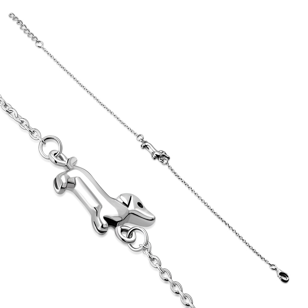 925 Sterling Silver Dachshund Puppy Dog Charm Bracelet Adjustable, 8.5"