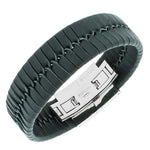 Stainless Steel Black Leather Silver-Tone Braided Men's Bracelet