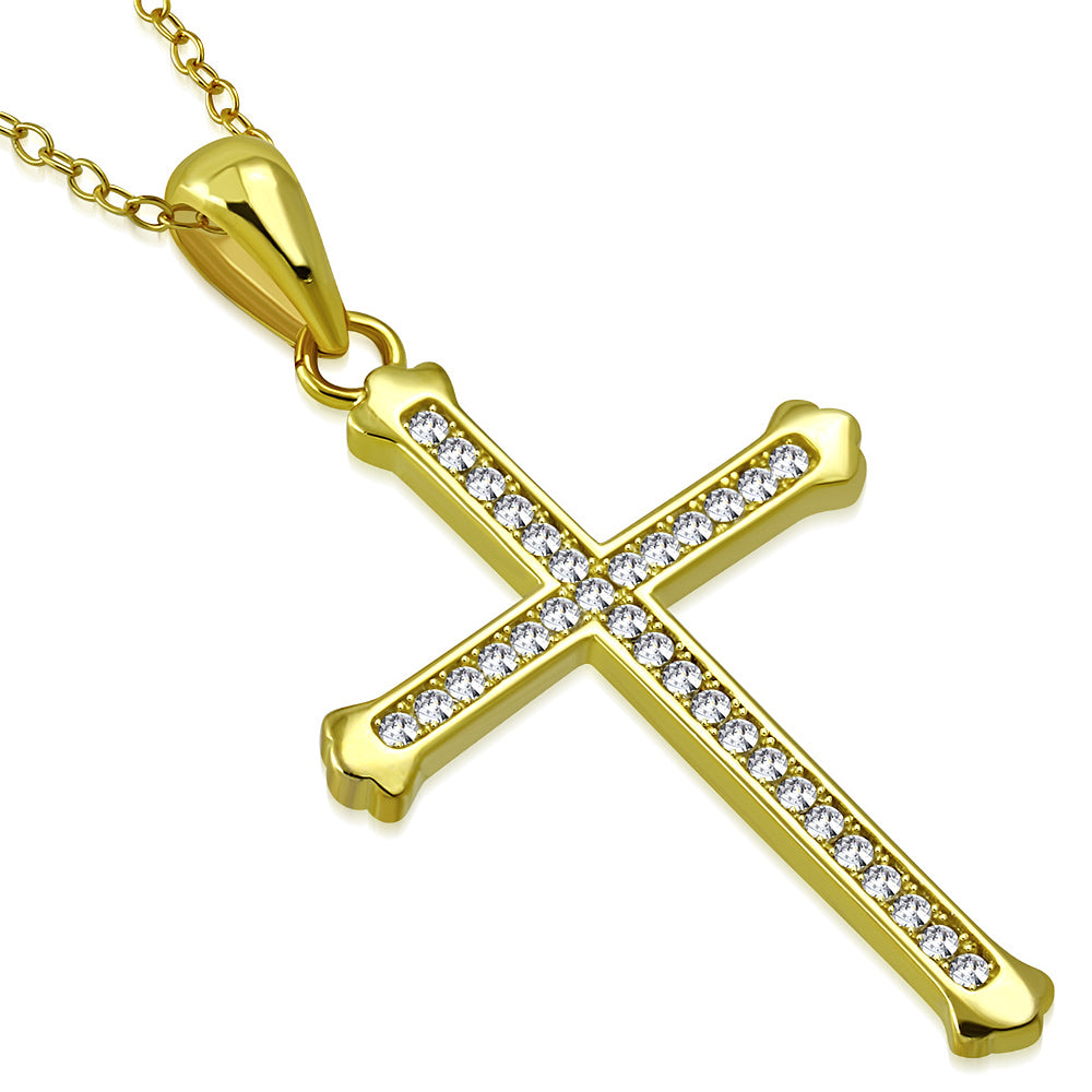 925 Sterling Silver Yellow Gold-Tone Clear CZ Religious Cross Pendant Necklace