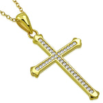 925 Sterling Silver Yellow Gold-Tone Clear CZ Religious Cross Pendant Necklace