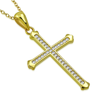 925 Sterling Silver Yellow Gold-Tone Clear CZ Religious Cross Pendant Necklace