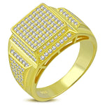 925 Sterling Silver Men's Gold-Tone Micro Pave White CZ Stone Square Pyramid-Style Signet Style Ring