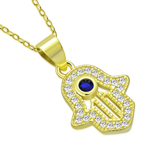 My Daily Styles 925 Sterling Silver CZ Small Hamsa Pendant Necklace with Blue CZ Accent - Adjustable Chain 16"-18"
