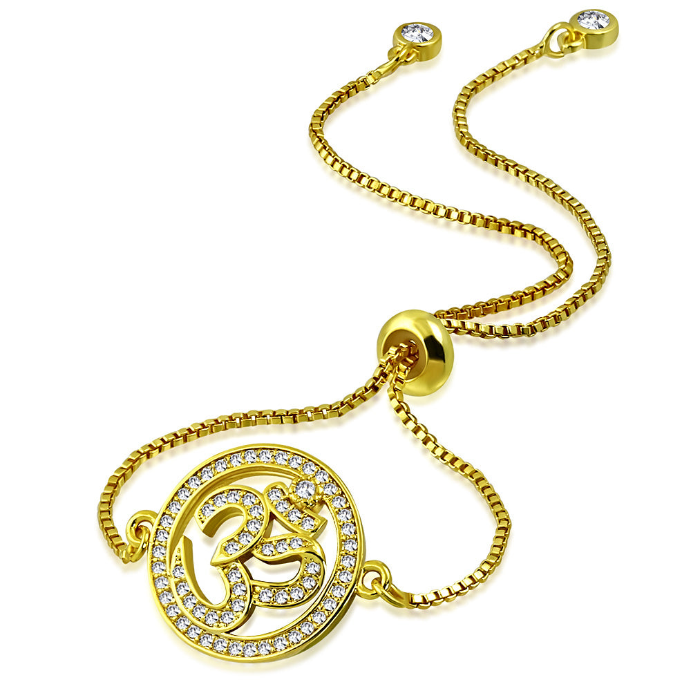 Stainless Steel Clear CZ Om Aum Adjustable Chain Bracelet, 9"