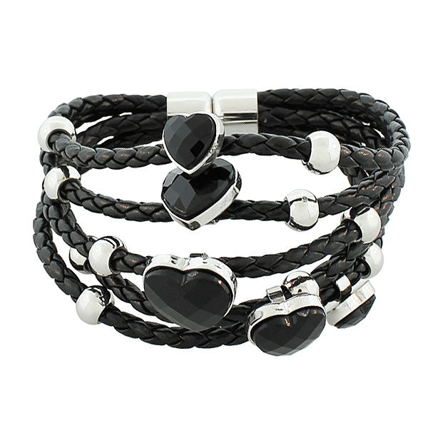 Fashion Alloy Black Faux PU Leather Silver-Tone Love Heart Multi-Row Layer Bracelet