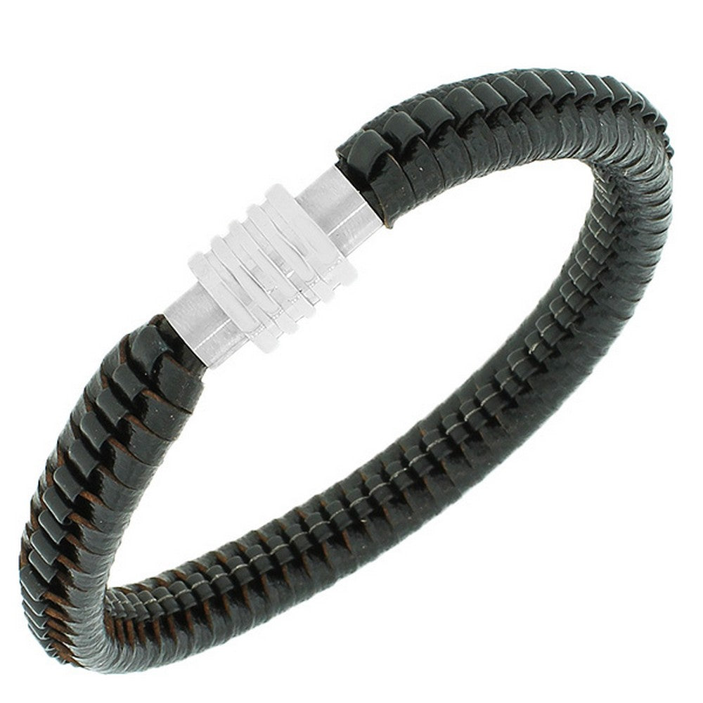 Stainless Steel Brown Leather Silver-Tone Wristband Bracelet
