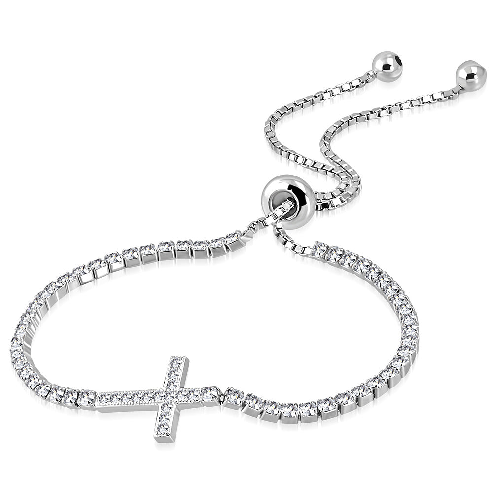 925 Sterling Silver Clear CZ Religious Cross Adjustable Chain Bracelet, 9"
