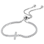 925 Sterling Silver Clear CZ Religious Cross Adjustable Chain Bracelet, 9"