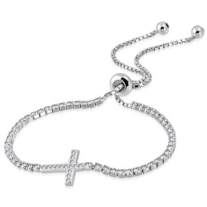 925 Sterling Silver Clear CZ Religious Cross Adjustable Chain Bracelet, 9"
