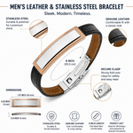 Stainless Steel Black Leather Rose Gold-Tone Silver-Tone Men's Bracelet